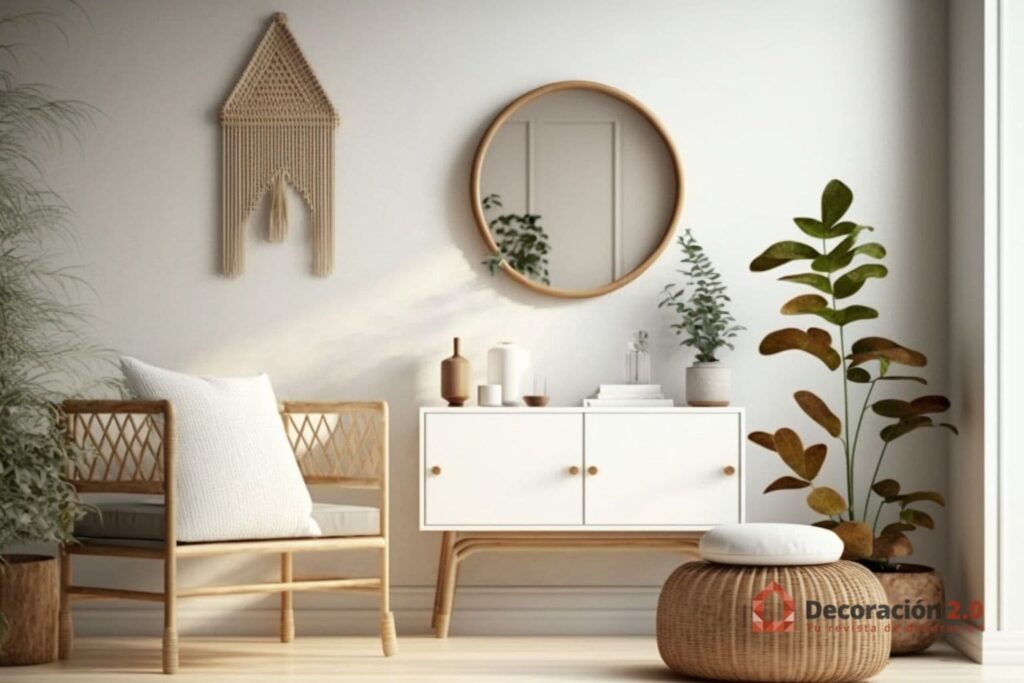 Decoración de estilo Scandi-Boho con muebles de madera en interiores de color blanco 5